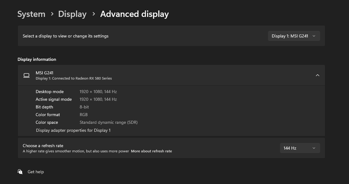 advanced display settings windows